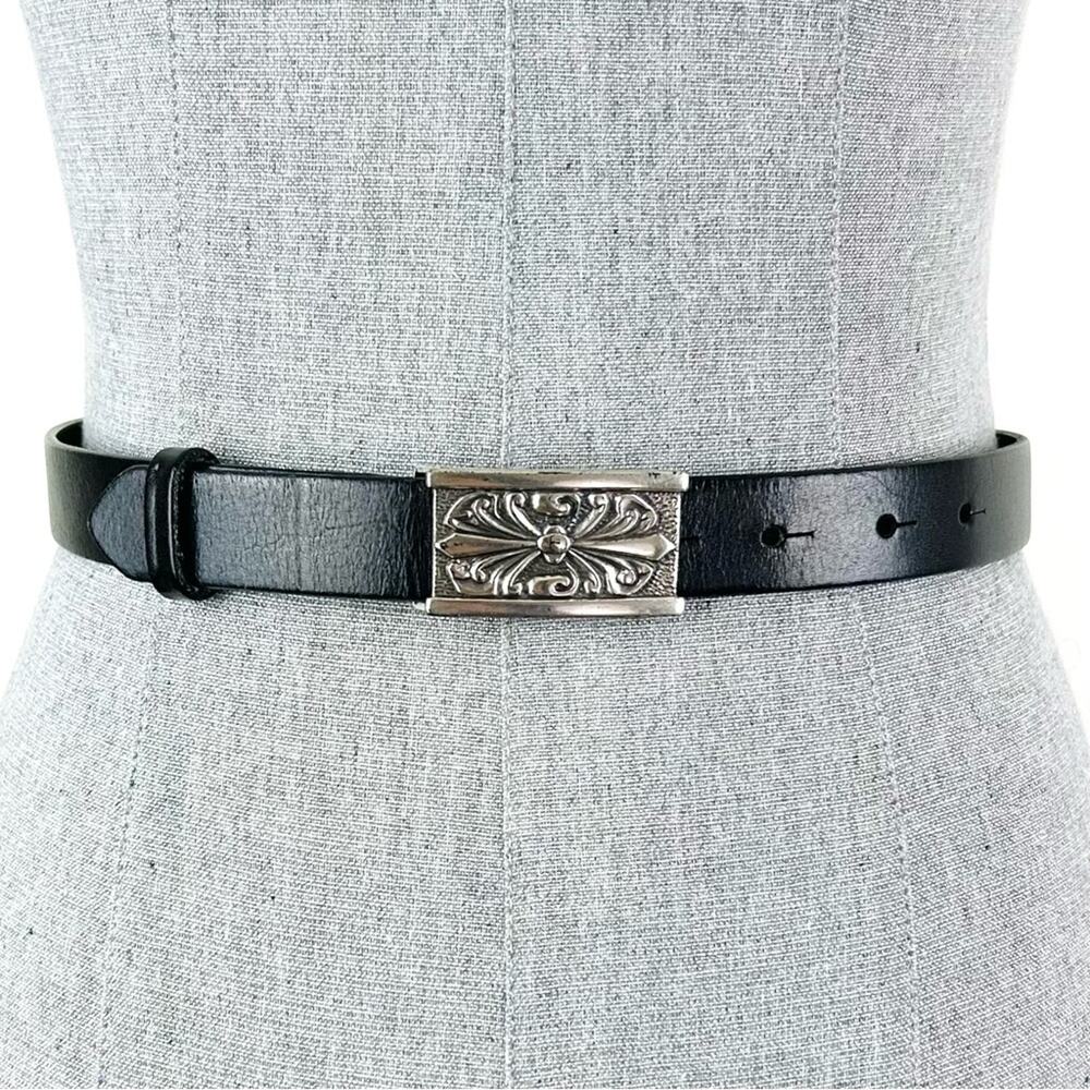 Vintage Black Leather Beltβ with Silver Scrollwork Buckle Size Small